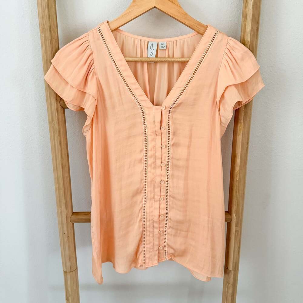 Joie Peach Flutter Sleeve Blouse Size Small Button Front Crochet Trim Boho